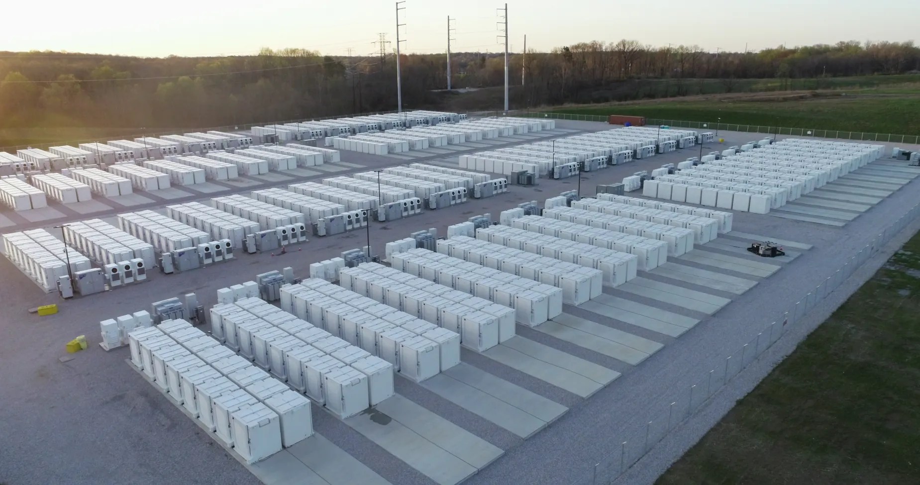 Aerial view of rows of existing AES Indiana battery storage containers