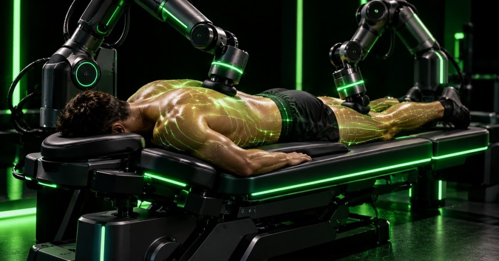 Minimal black and neon-green technical artwork showing an AI-powered robotic bodywork table scanning and treating an athlete's back and legs.