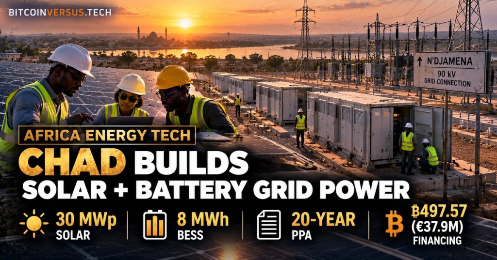 Realistic editorial cover showing Chadian engineers at a solar-plus-battery project near N'Djamena with photovoltaic arrays, battery containers, substation equipment and a 90 kV grid connection.