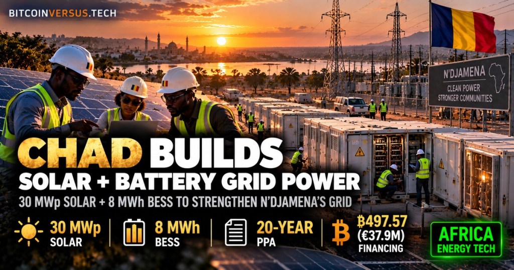 Realistic editorial cover of Chad solar arrays, battery energy storage systems, grid infrastructure and engineers, with an AFRICA ENERGY TECH neon-green tag at bottom right.
