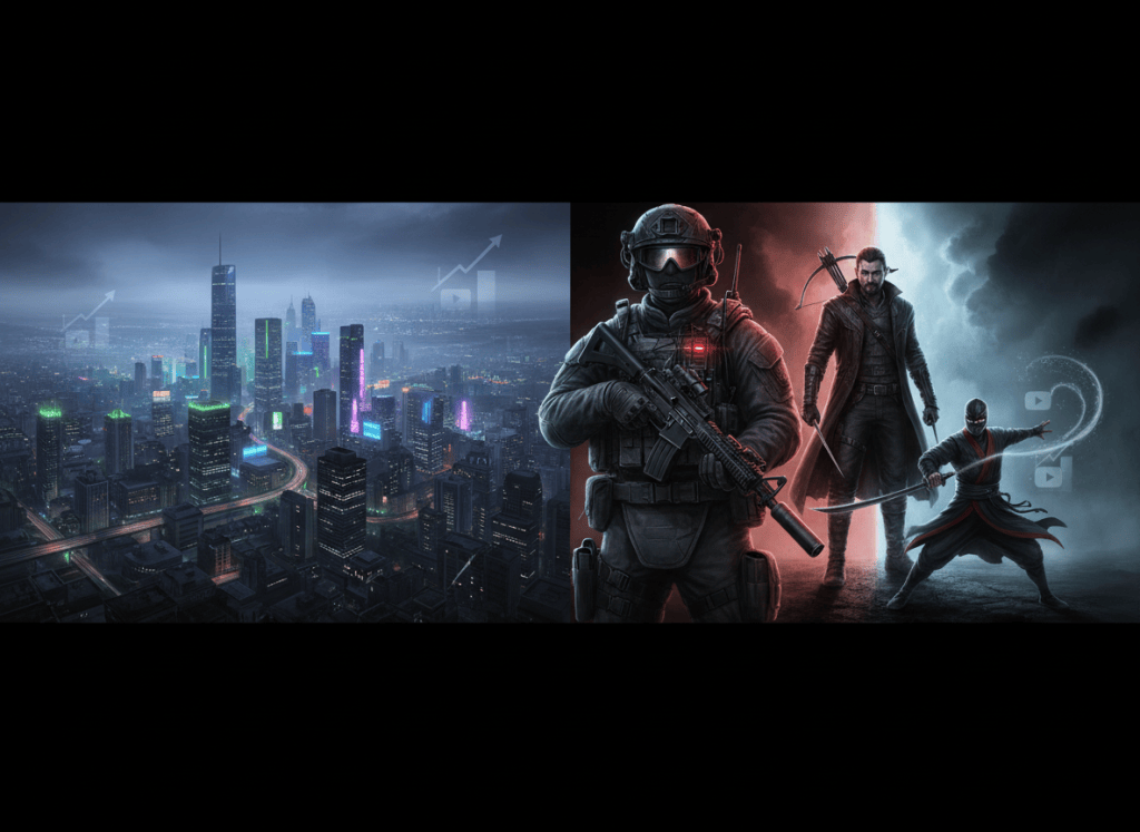 Editorial illustration of a neon crime-city benchmark behind three anticipated gaming archetypes: a tactical soldier, a vampire hero and a wuxia swordsman.