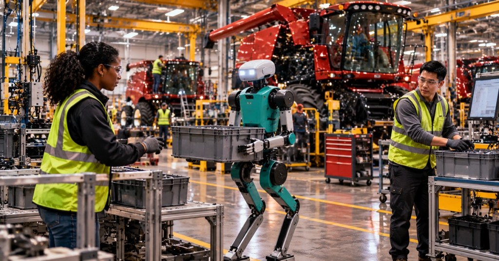 Original photo-anime editorial concept of a teal bipedal humanoid moving a gray parts tote alongside diverse factory technicians on a busy agricultural equipment assembly floor. Not actual footage of AGCO Hesston or a live pilot.