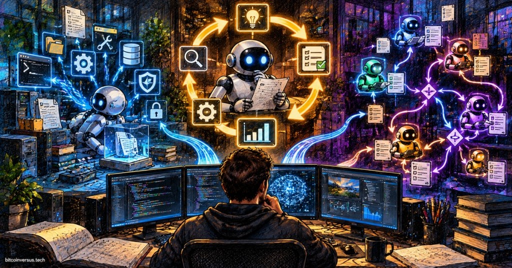 Colored-pencil illustration of an AI engineering workstation showing three connected layers: tools and sandbox infrastructure, an iterative agent feedback cycle, and a multi-agent workflow network.