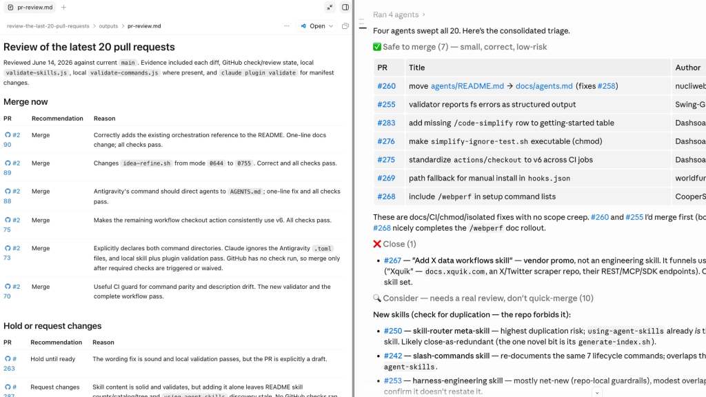 A real code-review workflow showing pull requests grouped into merge, hold and request-changes decisions.