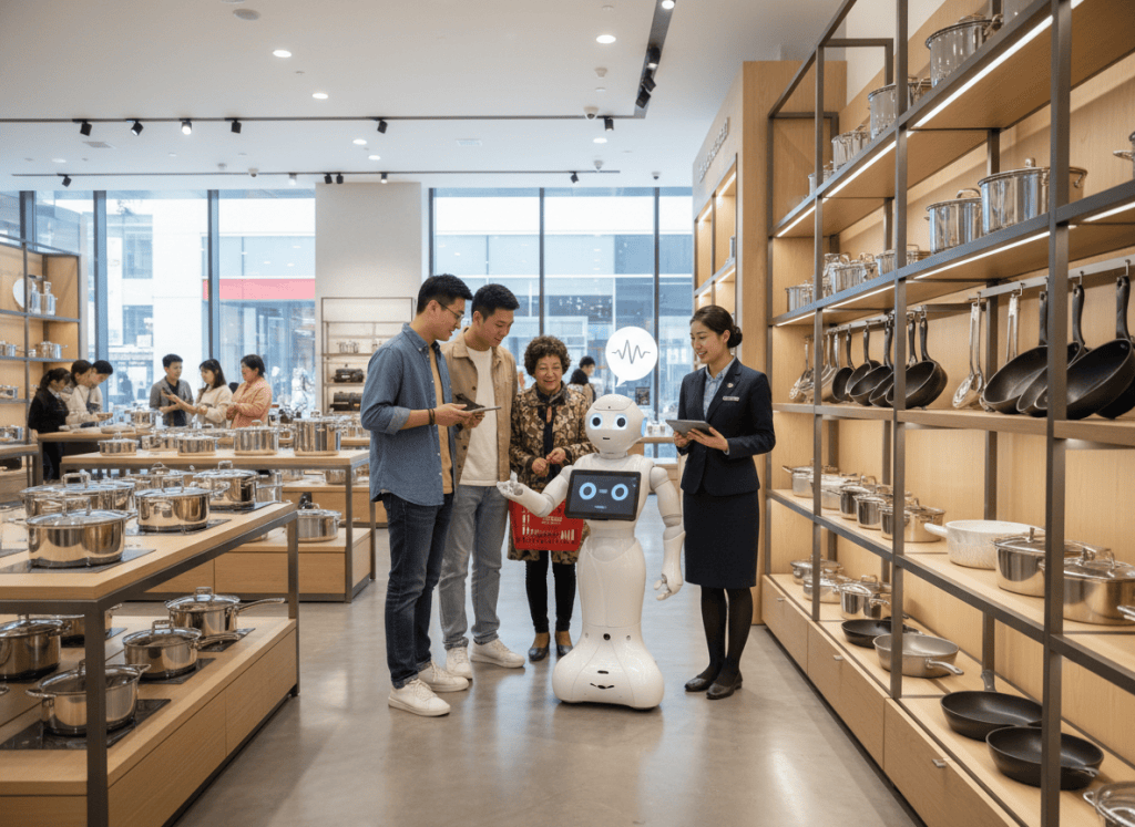 Humanoid retail robot assisting shoppers beside cookware displays and a human sales associate