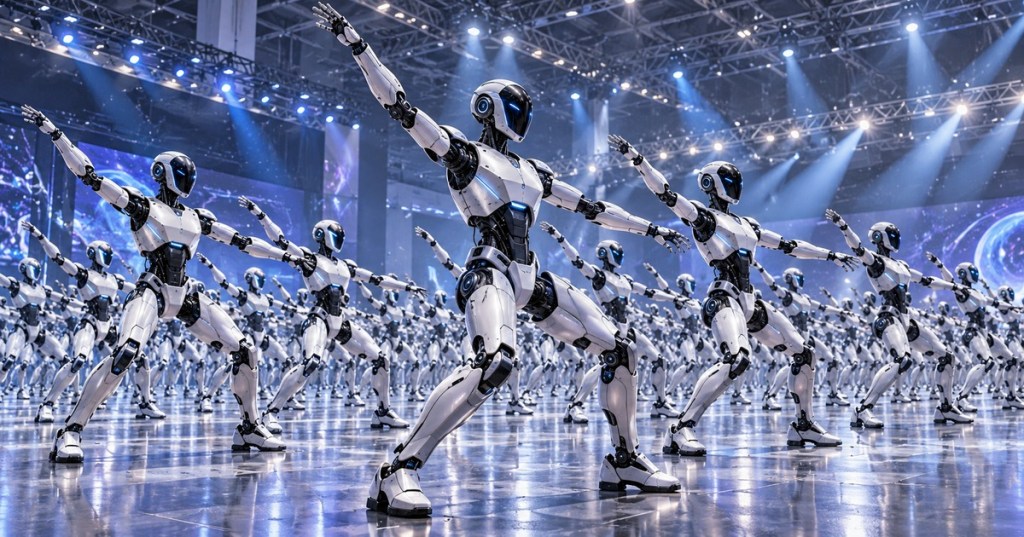 Editorial illustration of a large formation of silver-and-white humanoid robots dancing beneath blue lights in an exhibition hall.