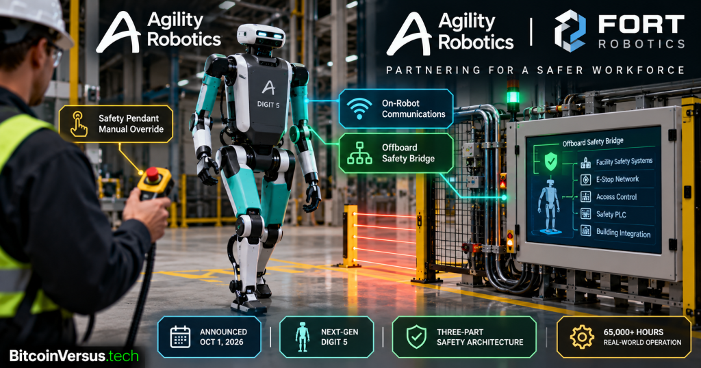 Agility Robotics Digit 5 humanoid in an industrial facility with a safety pendant, on-robot communications and FORT Robotics Offboard Safety Bridge