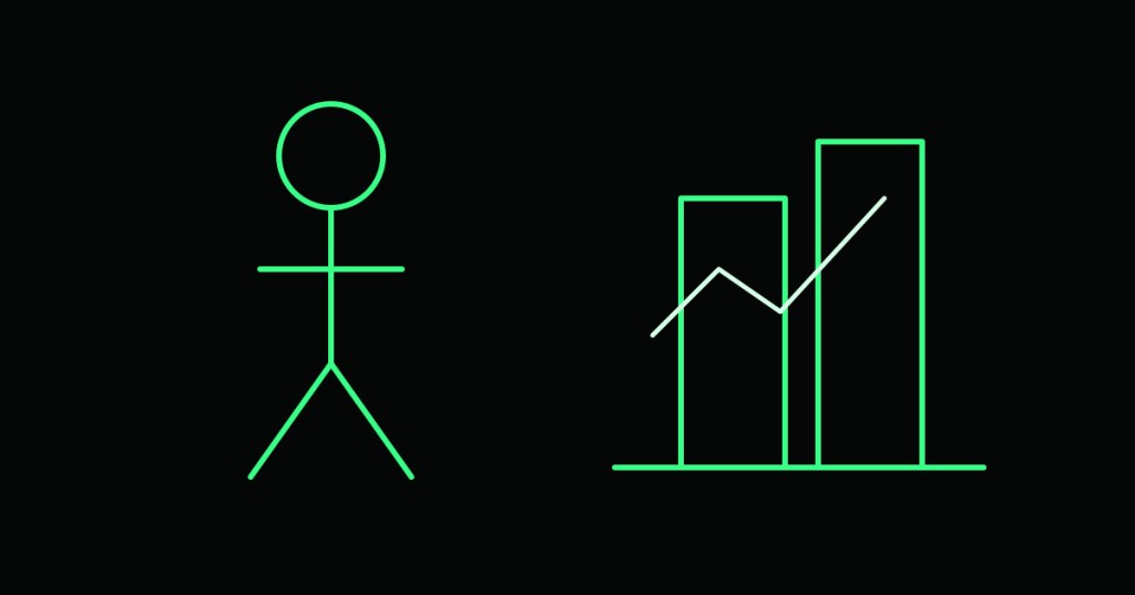 Wordless technical illustration of a bipedal warehouse robot beside industrial production equipment and market graph motifs without text.