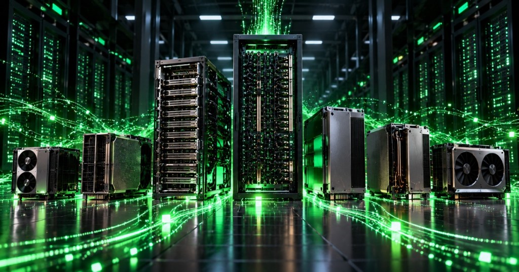 Seven AI accelerator systems in a data center with neon-green energy and data streams.