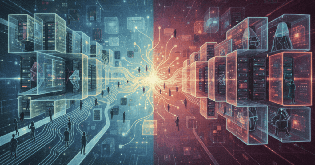 Two contrasting AI research approaches, one emphasizing broad access and the other stronger safety barriers, facing across a neural network.