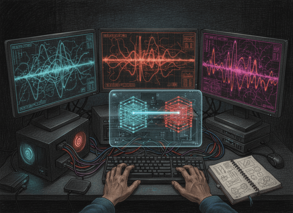 Color-pencil illustration of a local AI experiment using activation steering to push model internal states toward simulated distress.