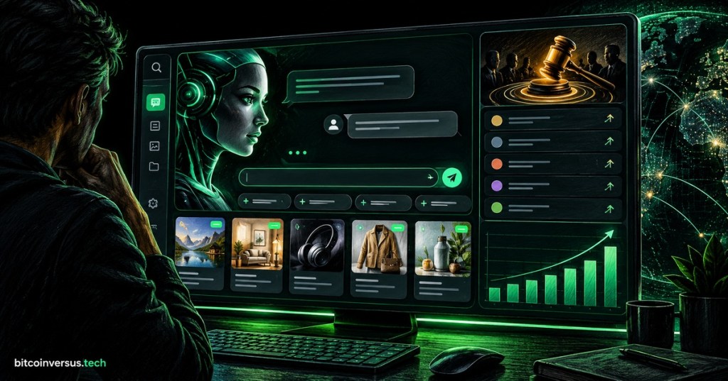 AI advertising marketplace shown inside a conversational AI interface with rising revenue chart