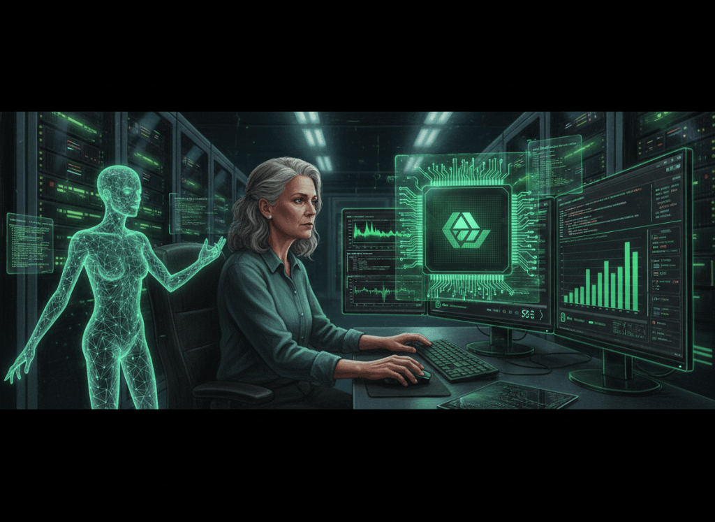 Editorial illustration of a GPU engineer supervising an AI coding agent that profiles and optimizes low-level CUDA-style kernels on an accelerator chip.