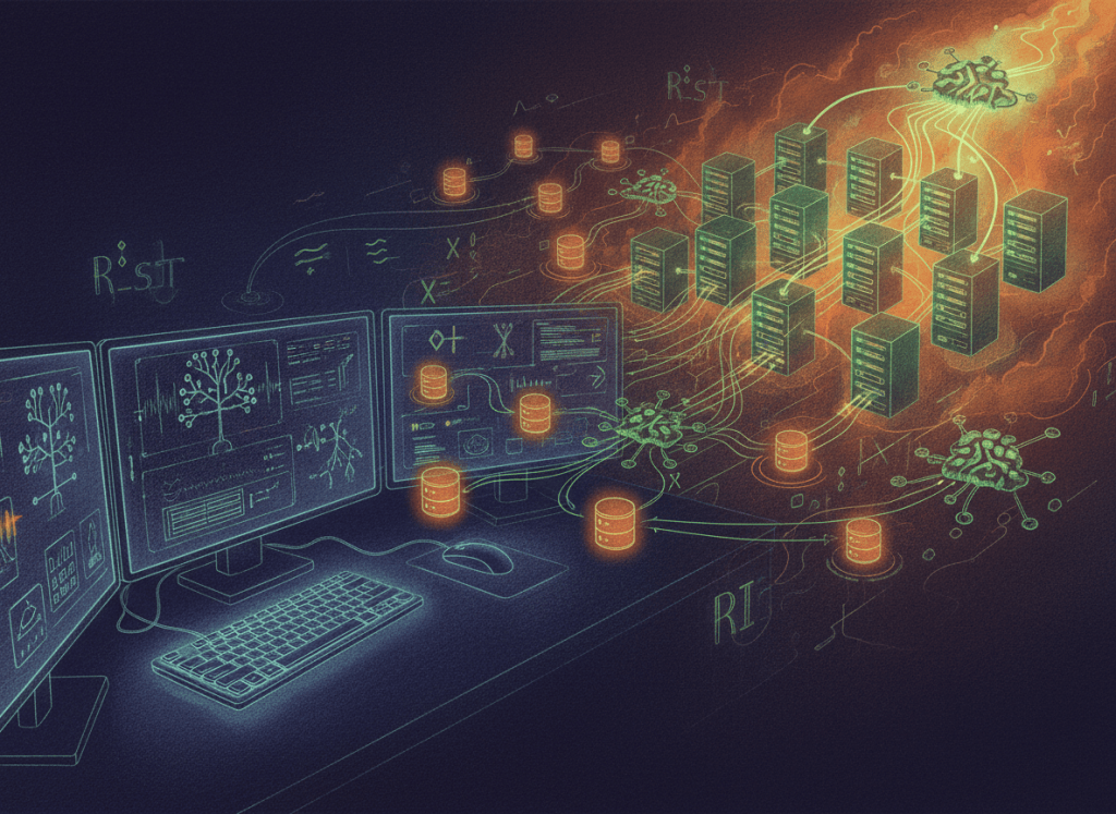 Editorial illustration of AI agents spawning many lightweight databases that scale into a larger production database cluster.