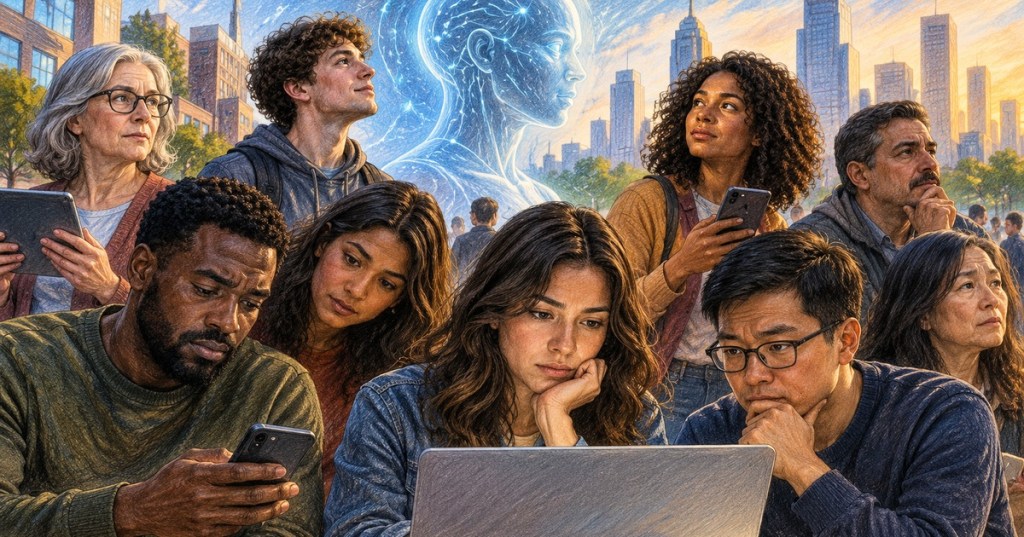 A diverse group of Americans considers artificial intelligence as digital AI imagery rises over a city skyline.
