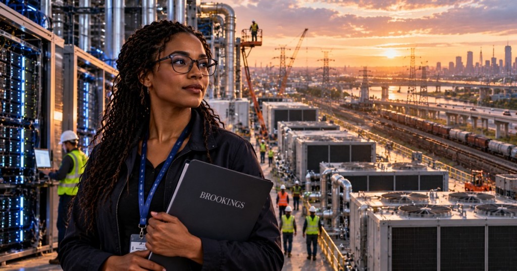 Black woman engineer at a massive AI data-center construction site holding a Brookings folder, with power lines, rail, highways and server infrastructure behind her
