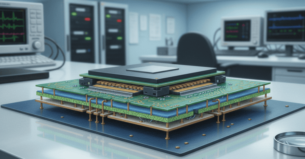 Advanced AI chip package and multilayer substrate showing fine woven glass cloth and copper interconnects.