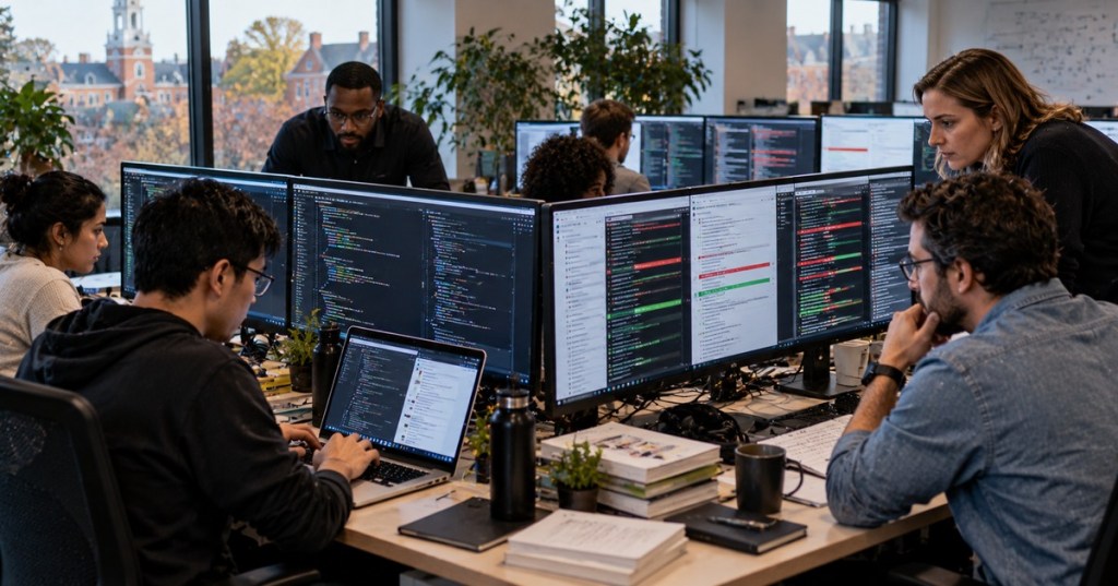 A diverse software engineering team reviewing code across multiple monitors in a modern office.