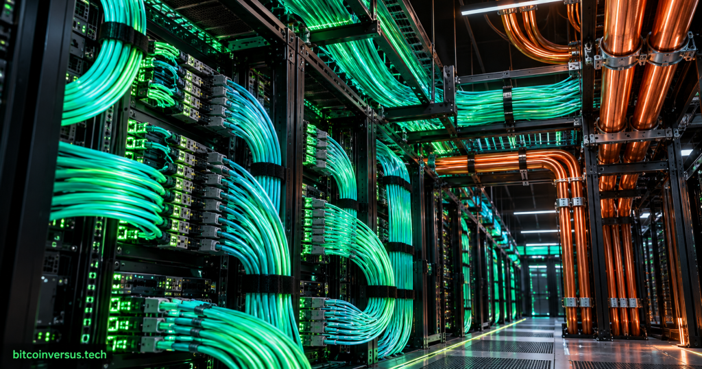 High-density AI data center aisle with dense green fiber cabling and copper-colored power cabling routed through server racks.