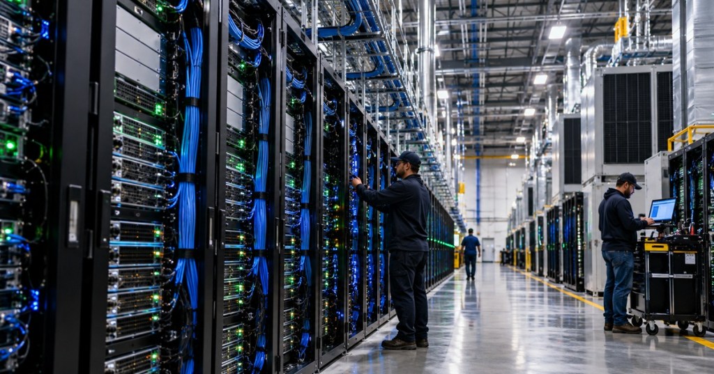 Technicians work inside a large modern AI data center with dense server racks, cooling infrastructure, and network cabling.