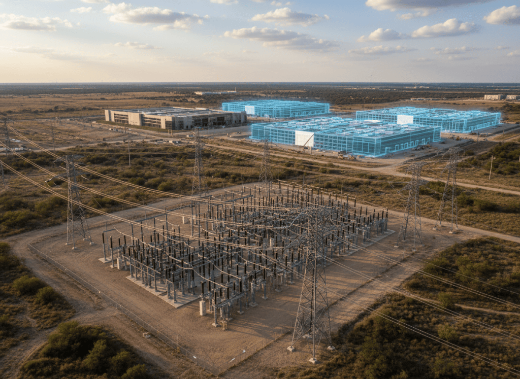 Electric grid and data center campuses with some projects shown as faint silhouettes to represent speculative ghost demand