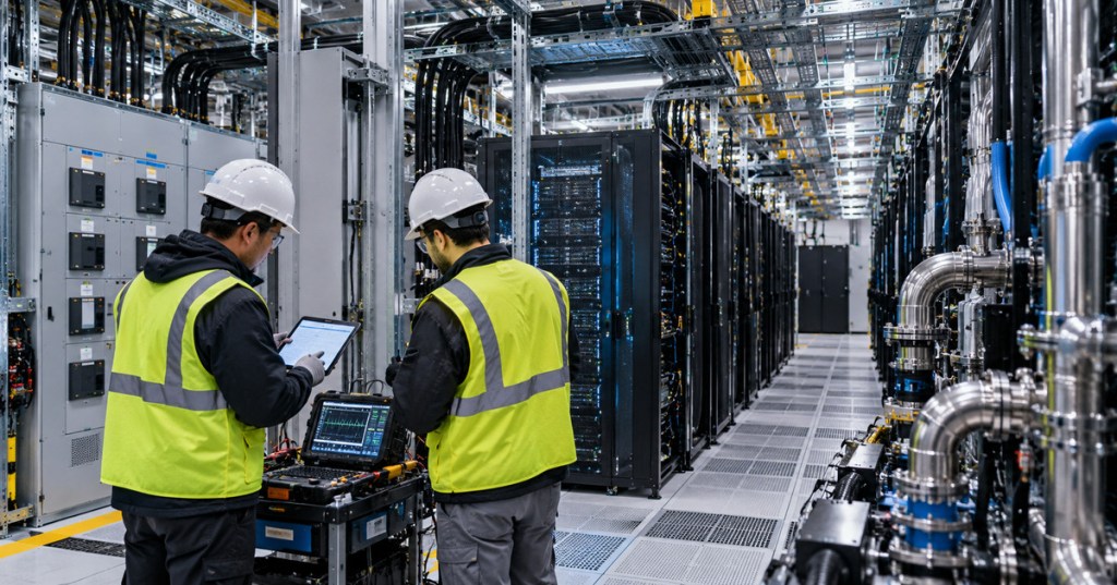Realistic editorial photo of technicians inspecting power, cooling and server infrastructure inside a modern AI data center.