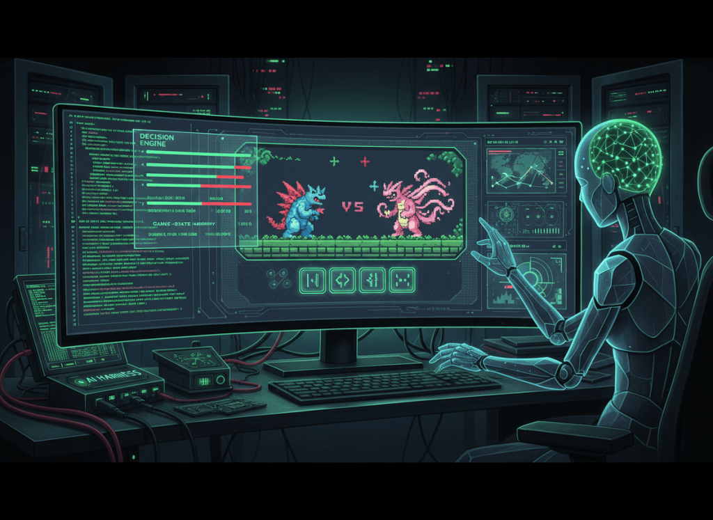 Editorial illustration of an AI decision model using structured probabilities and a terminal harness to play a retro handheld-style role-playing game.