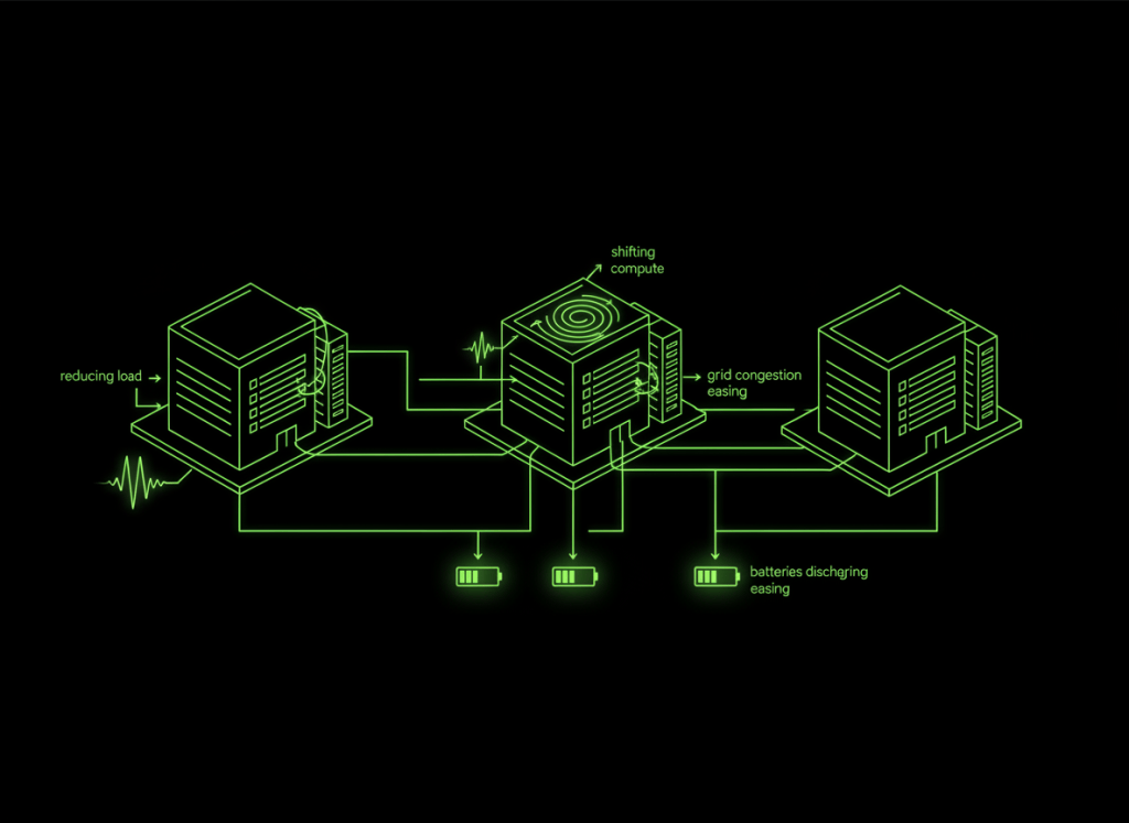 Neon technical diagram showing AI data centers shifting workloads, reducing power draw and using batteries to respond to grid conditions.