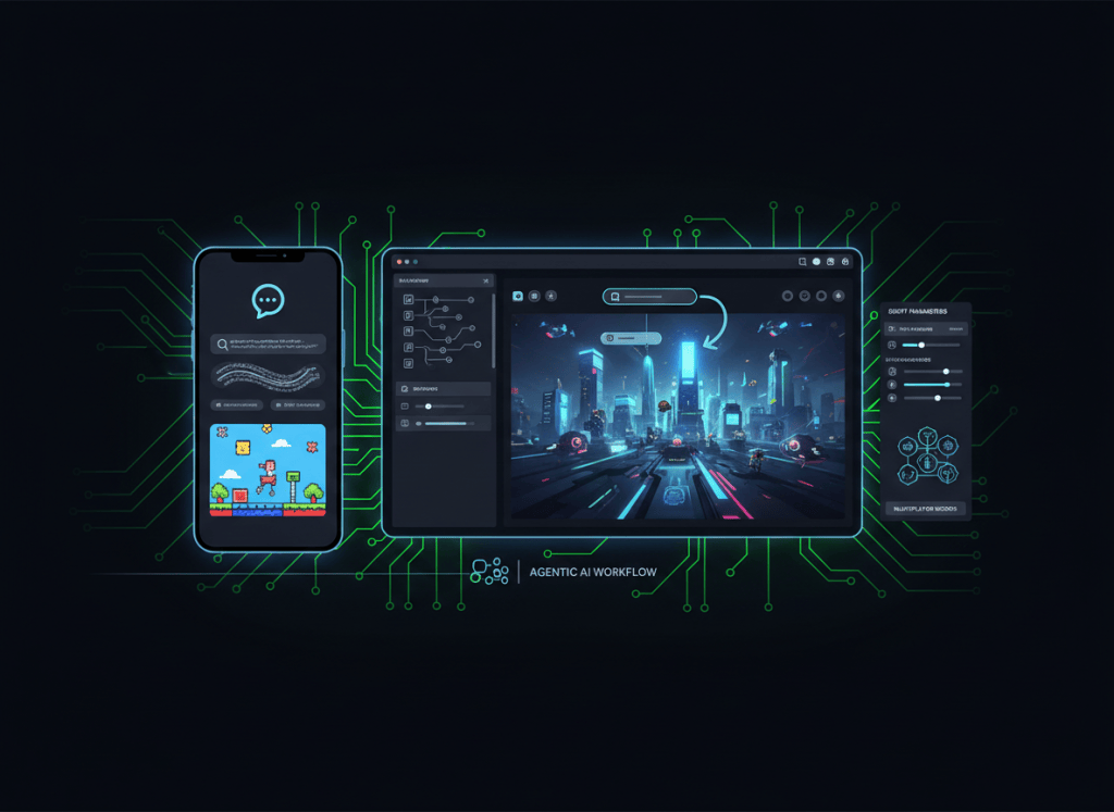 AI-assisted game development workflow turning a natural-language prompt into editable 2D and 3D game worlds on mobile and web.