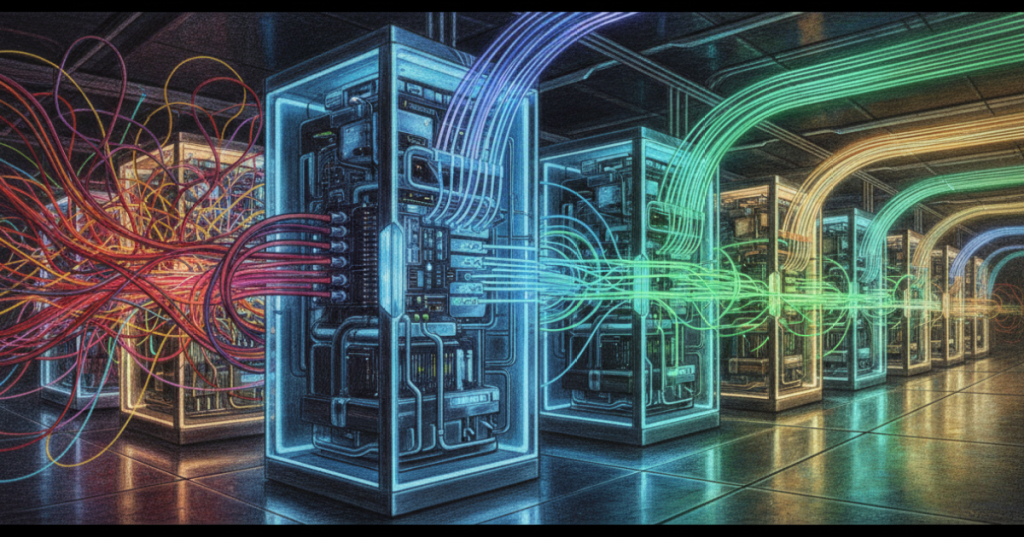 Color-pencil illustration of rack-scale AI systems with optimized software communication paths improving GPU coordination.