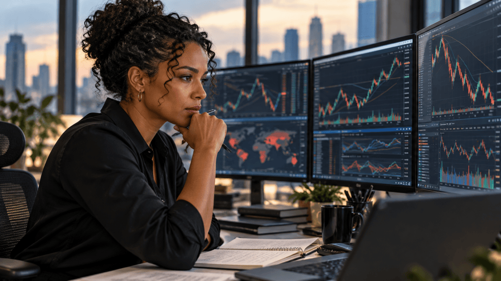 Financial analyst examining multiple market charts and risk indicators