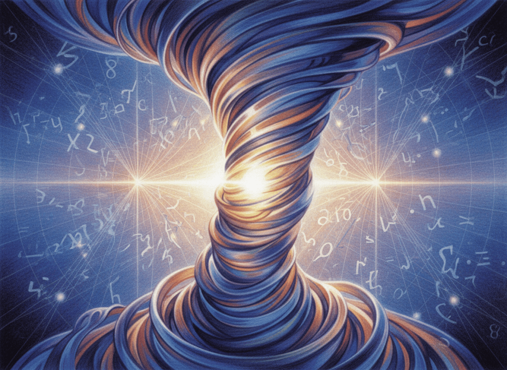 Scientific illustration of a three-dimensional turbulent vortex spiraling inward as a visualization of the Navier-Stokes singularity problem