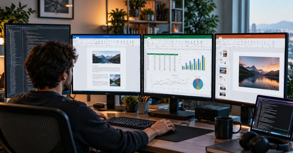 Developer working across document, spreadsheet, presentation and code interfaces, illustrating AI-built Office-style software.