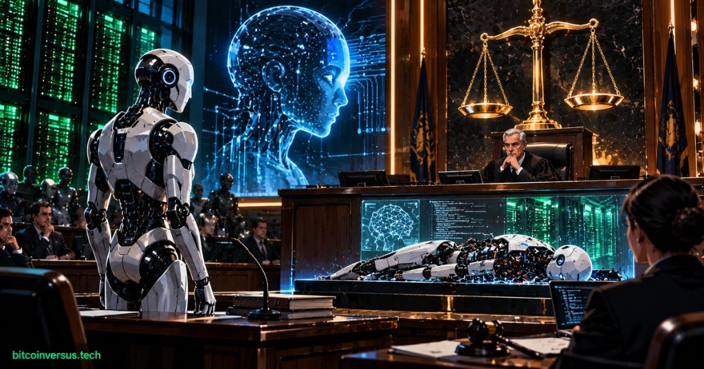 Futuristic courtroom illustration showing one humanoid robot accused after another robot is destroyed, representing AI-on-AI crime and robot legal personhood.