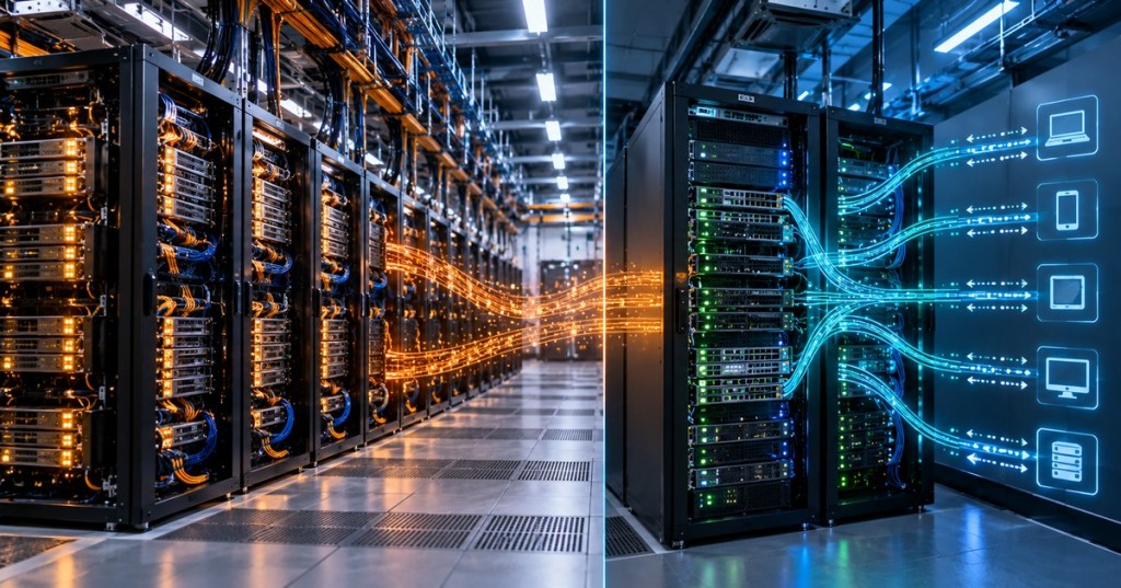 Realistic split data center showing dense GPU infrastructure for AI training on one side and fast inference traffic flowing to devices on the other.