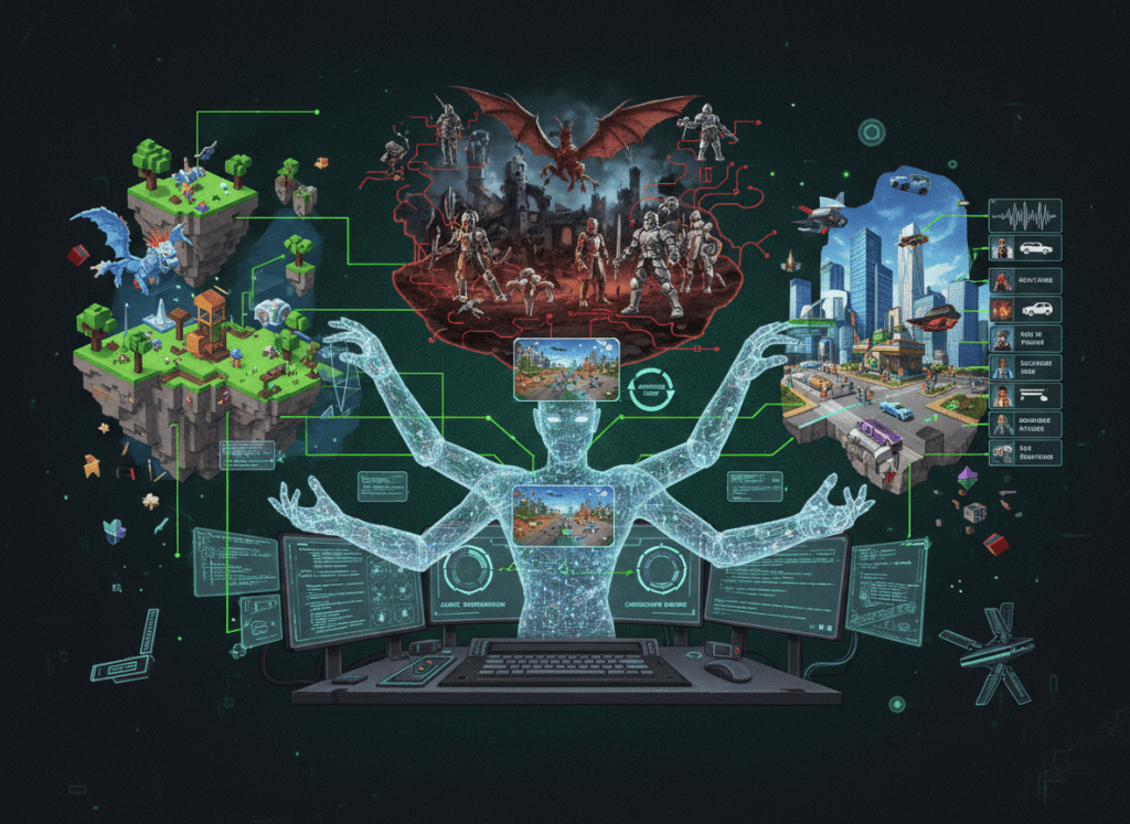 Editorial illustration of an AI coding agent connecting different PC game worlds through a modding and automated testing pipeline.