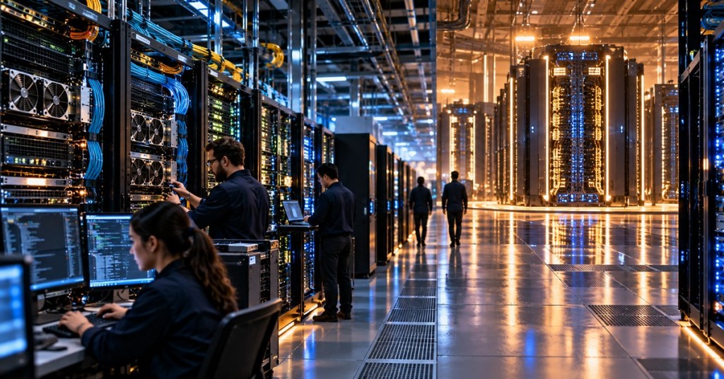Modern AI data center expanding into a much larger advanced supercomputing hall, illustrating the difference between artificial intelligence and superintelligence