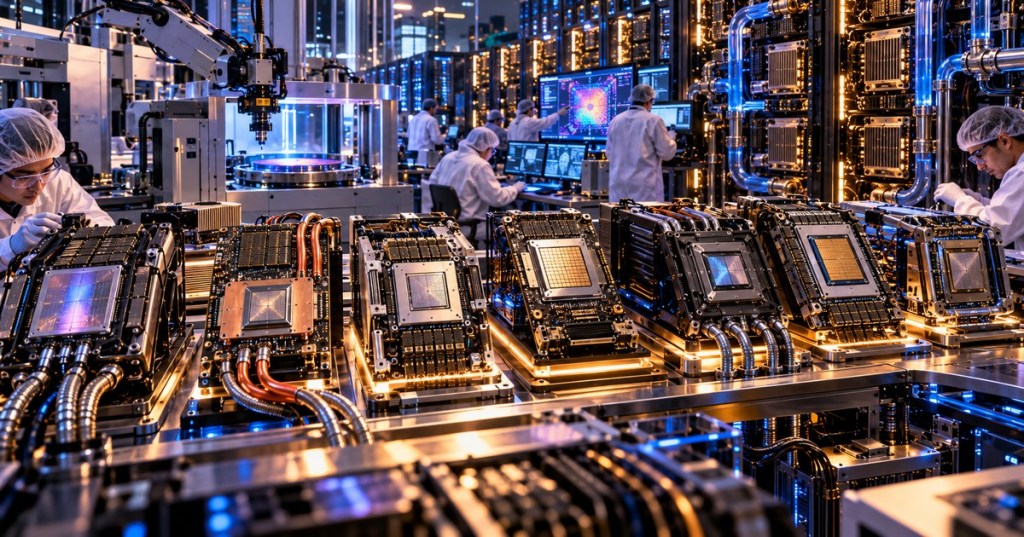 Cinematic chip engineering lab with seven liquid-cooled AI accelerator modules and server infrastructure