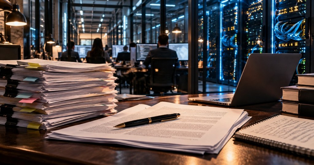 Photorealistic editorial image of court documents, a laptop and servers representing an AI copyright dispute