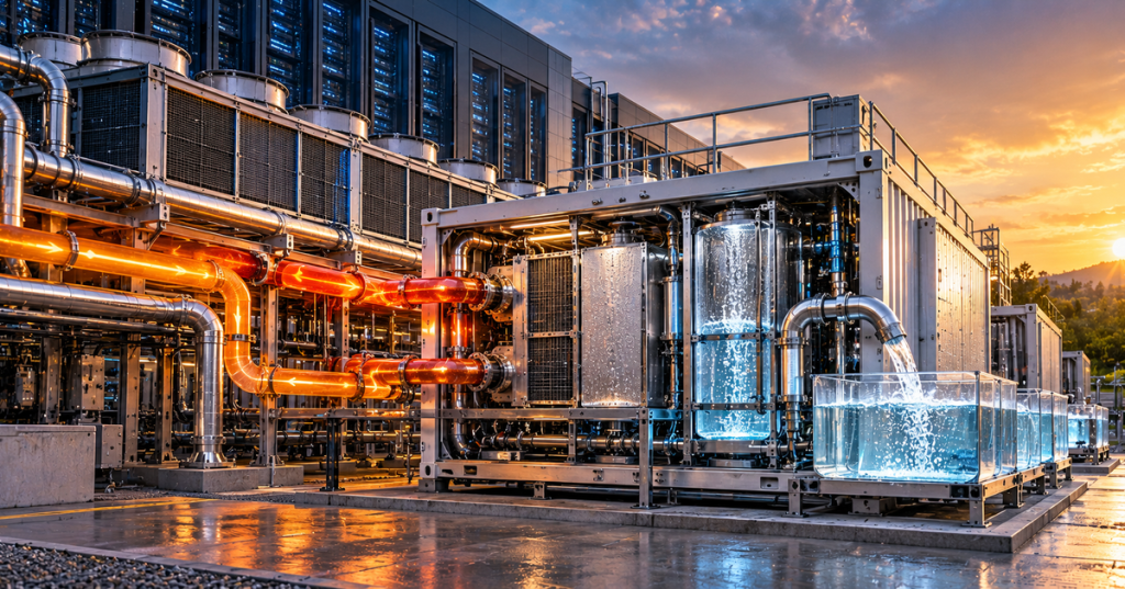 Illustration of a data center using low-grade waste heat to drive an atmospheric water recovery system that produces liquid water on site.