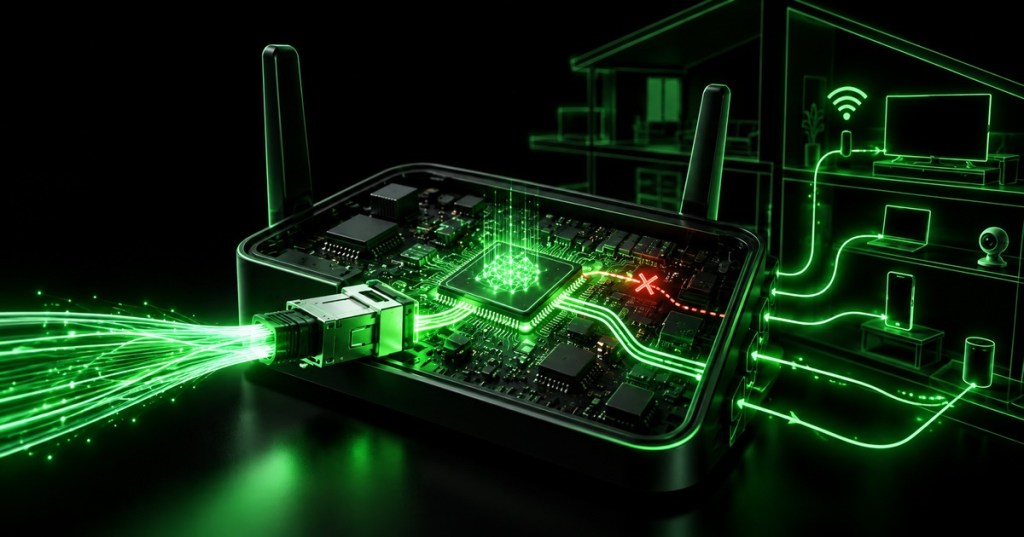 Minimal black and neon-green technical illustration of a fiber gateway using an onboard AI processor to diagnose and reroute home network traffic.