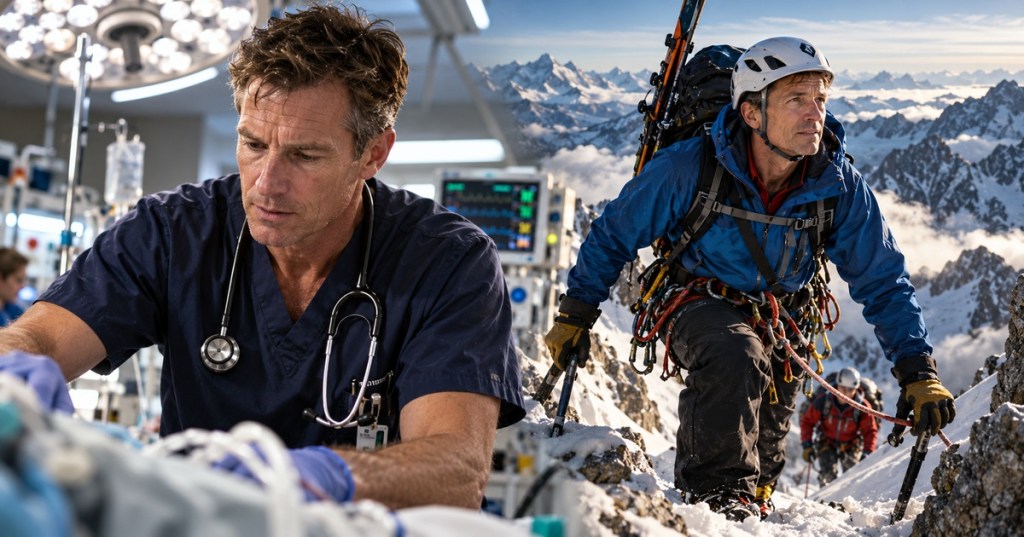 Editorial illustration of an emergency physician and mountain guide representing Alan Oram's dual career.