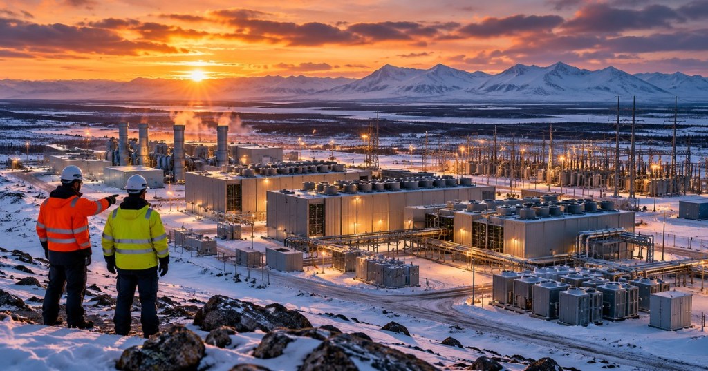 Conceptual editorial scene of an Alaska Arctic data center and power infrastructure at sunset with workers; illustration, not an actual development photograph.