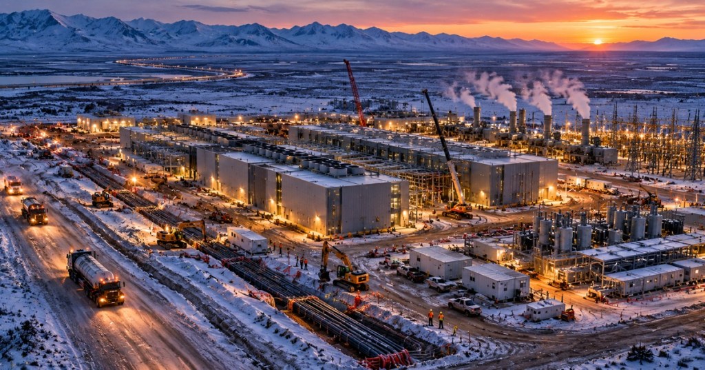Conceptual editorial illustration of a future Alaska Arctic data center campus under construction, not an existing facility