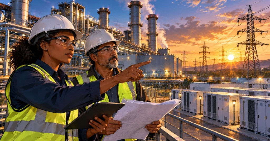 Anime-style editorial illustration of two engineers inspecting a natural gas power facility, transmission lines and battery containers at sunset