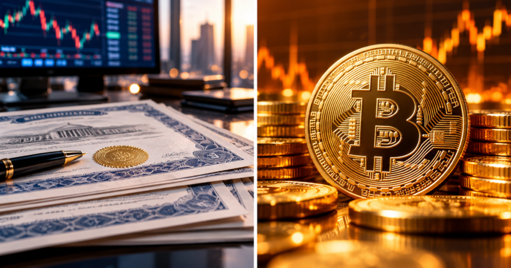Original conceptual split-screen financial editorial image showing equity certificates on the left and Bitcoin on the right, illustrating Alpha Modus's share-for-Bitcoin financing.