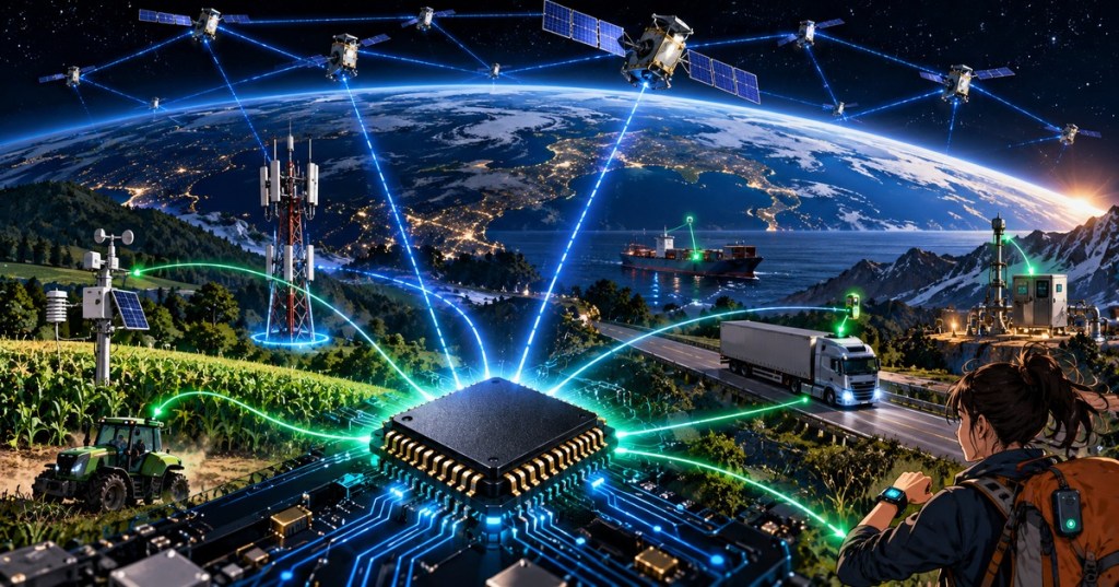 Anime-style illustration of a low-power IoT chip connecting cellular networks, satellites, vehicles, farms, ships and remote industrial systems.