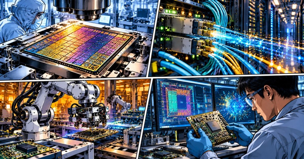 Wordless four-panel comic illustration of FPGA chip research, fiber-connected data center networking, electronics assembly, and semiconductor engineers