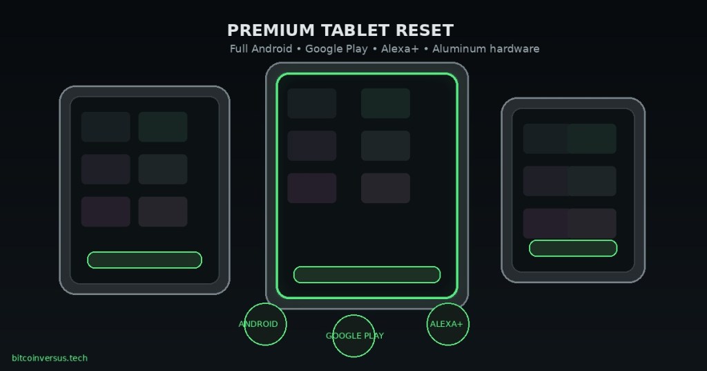 Three stylized tablet computers representing Amazon's Alexa Tablet lineup, with Android, Google Play and Alexa+ highlighted.
