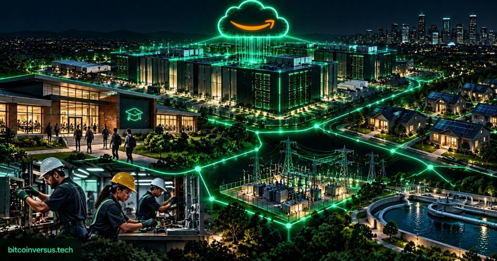 Neon illustration of an AWS-style data center connected to homes, skilled trades training, power infrastructure and water facilities.
